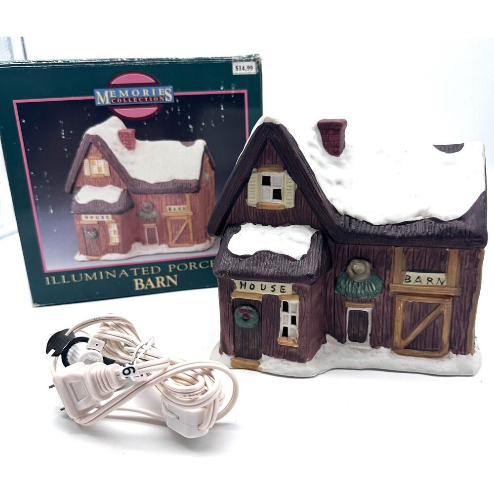 Vintage Memories Collection Illuminated Porcelain Barn W/Box Christmas